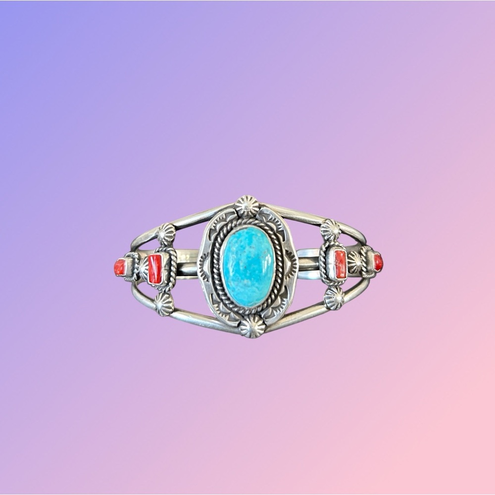 Navajo Sterling Silver Coral &Kingman Turquoise Bracelet Cuff By Lorraine Yazzie